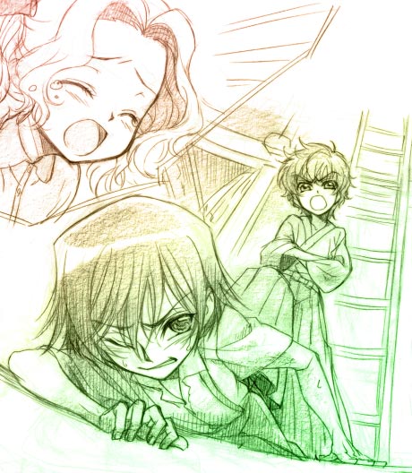 lelouch vi britannia, kururugi suzaku, and nunnally vi britannia (code geass) drawn by hisaki_yukari