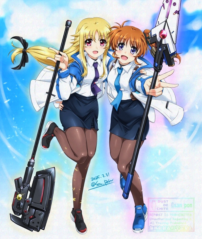 fate testarossa, takamachi nanoha, raising heart, and bardiche (lyrical nanoha and 1 more) drawn by san-pon