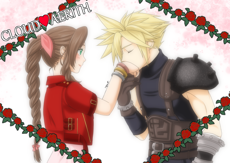 cloud strife and aerith gainsborough (final fantasy and 1 more) drawn by kirishima_saya