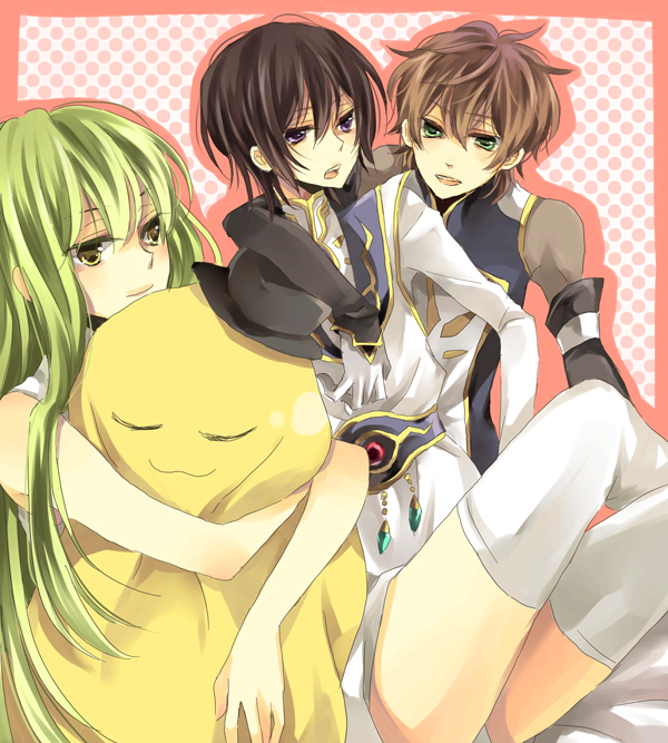 c.c., lelouch vi britannia, kururugi suzaku, and cheese-kun (code geass and 1 more) drawn by yuzuki_karu
