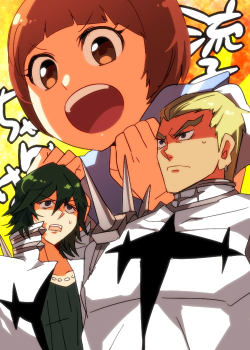 mankanshoku mako, gamagoori ira, and sanageyama uzu (kill la kill) drawn by mojya
