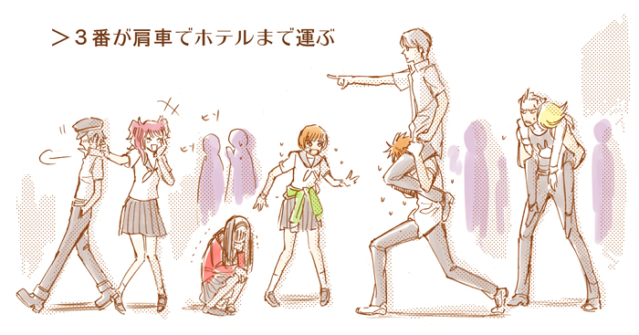 shirogane naoto, satonaka chie, amagi yukiko, hanamura yousuke, tatsumi kanji, and 1 more (persona and 1 more) drawn by tak_(karasuki)