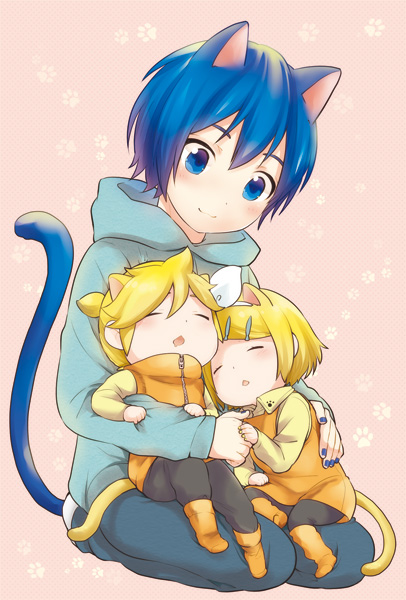 kagamine rin, kagamine len, and kaito (vocaloid) drawn by kikuchi_mataha