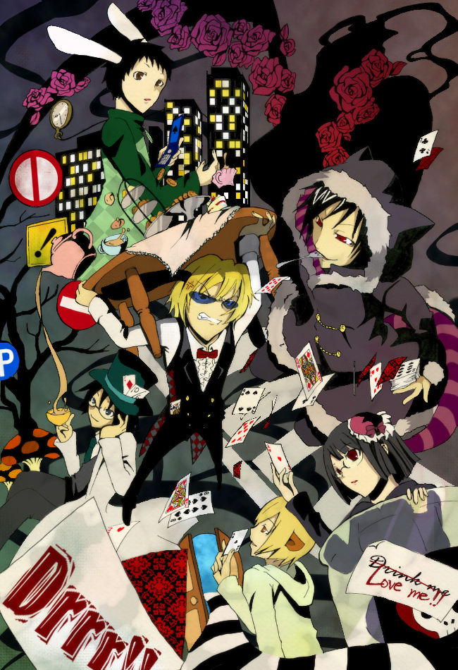 orihara izaya, cheshire cat, sonohara anri, heiwajima shizuo, mad hatter, and 5 more (alice's adventures in wonderland and 1 more) drawn by kuina_(escapegoat)