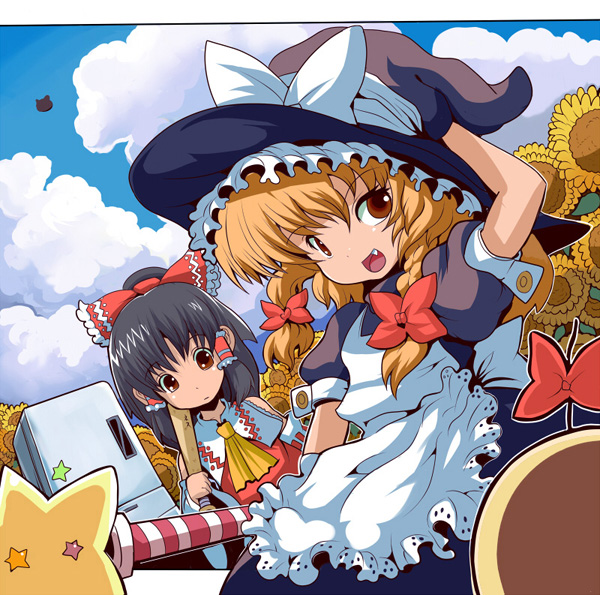 hakurei reimu, kirisame marisa, and doseisan (touhou and 3 more) drawn by ryuno