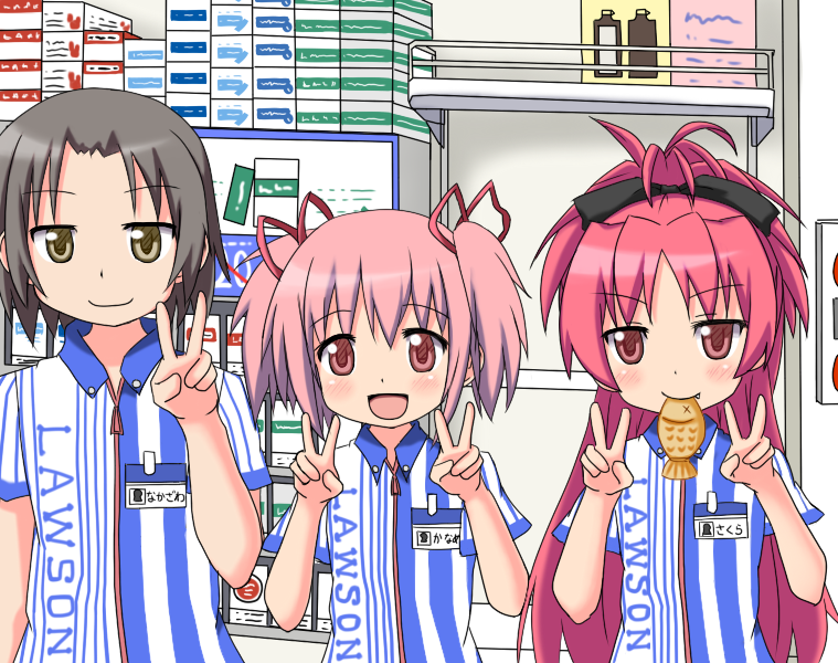 kaname madoka, sakura kyoko, and nakazawa (mahou shoujo madoka magica and 1 more) drawn by mai_(t-5)