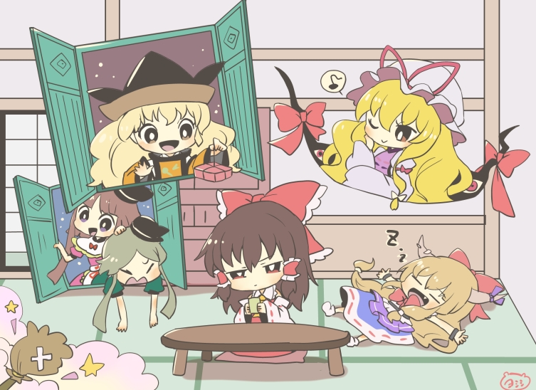 hakurei reimu, yakumo yukari, ibuki suika, matara okina, nishida satono, and 1 more (touhou) drawn by yoshishi_(yosisitoho)