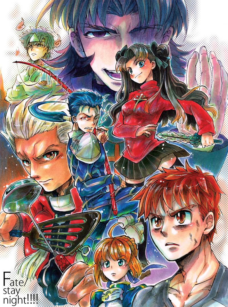 artoria pendragon, saber, tohsaka rin, emiya shirou, cu chulainn, and 3 more (fate and 2 more) drawn by ousaka_tama