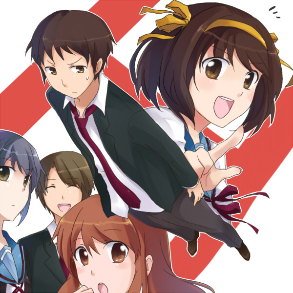 suzumiya haruhi, nagato yuki, asahina mikuru, kyon, and koizumi itsuki (suzumiya haruhi no yuuutsu) drawn by riru