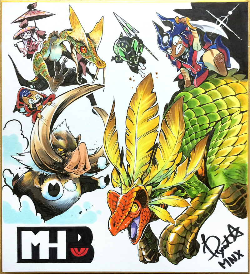player palico, gendrome, bulldrome, and great maccao (monster hunter and 1 more) drawn by fuse_ryuuta