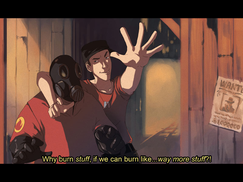 pyro, red pyro, scout, sniper, and red scout (team fortress 2) drawn by fenomena