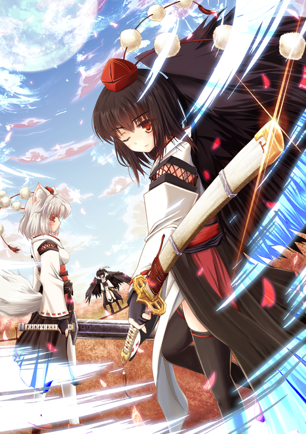 shameimaru aya, inubashiri momiji, and himekaidou hatate (touhou) drawn by windfeathers