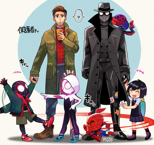 spider-man, spider-gwen, peni parker, sp//dr, peter b parker, and 2 more (marvel and 3 more) drawn by mato_(mozu_hayanie)