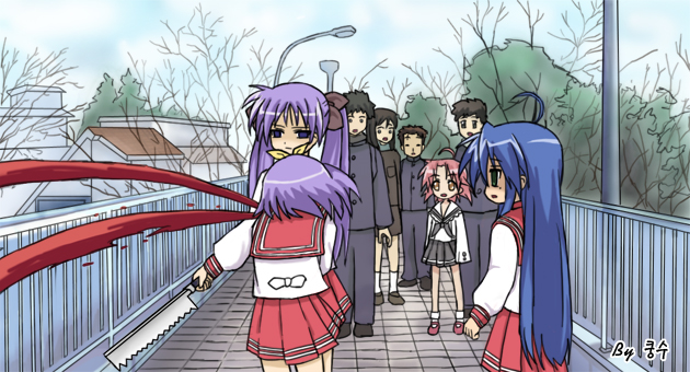 hiiragi kagami, izumi konata, hiiragi tsukasa, kogami akira, and shiraishi minoru (lucky star and 1 more) drawn by ryukichi