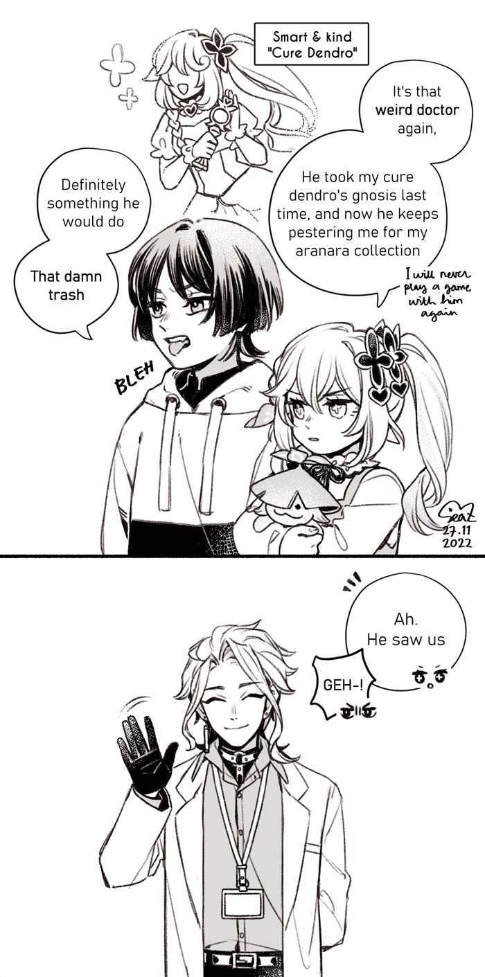 scaramouche, nahida, wanderer, aranara, and dottore (genshin impact and 1 more) drawn by sea_(azure_pastel)