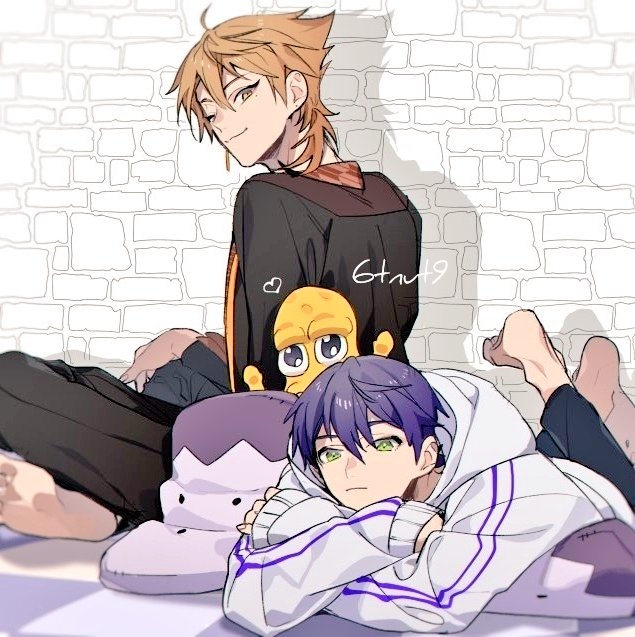 kenmochi touya, fushimi gaku, and peanuts-kun (nijisanji and 1 more) drawn by 6tnut9
