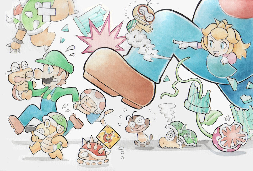 princess peach, mario, luigi, bowser, toad, and 8 more (mario and 1 more) drawn by oda_takashi