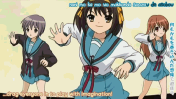 suzumiya haruhi, nagato yuki, asahina mikuru, kyon, and koizumi itsuki (suzumiya haruhi no yuuutsu)