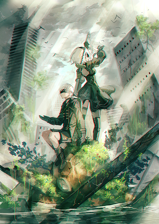 2b and 9s (nier and 1 more) drawn by mura_karuki