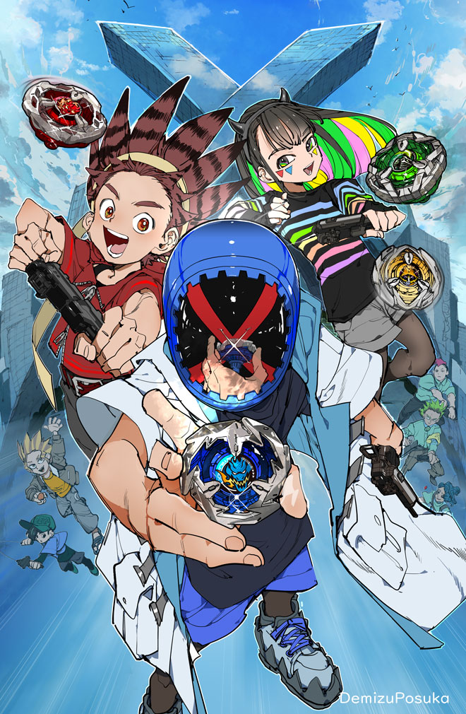 nanairo multi, kurosu ekusu, and kazami bird (beyblade and 1 more) drawn by demizu_posuka