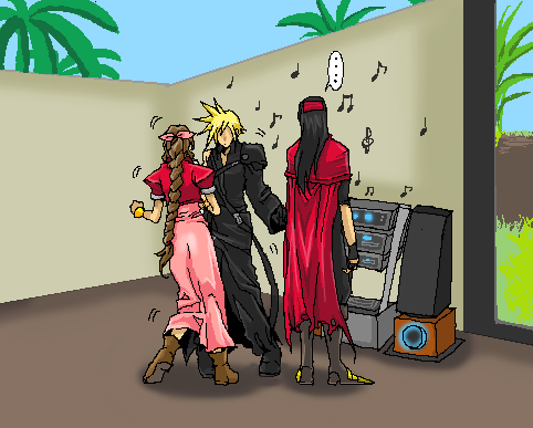 cloud strife, aerith gainsborough, and vincent valentine (final fantasy and 2 more) drawn by popochan-f