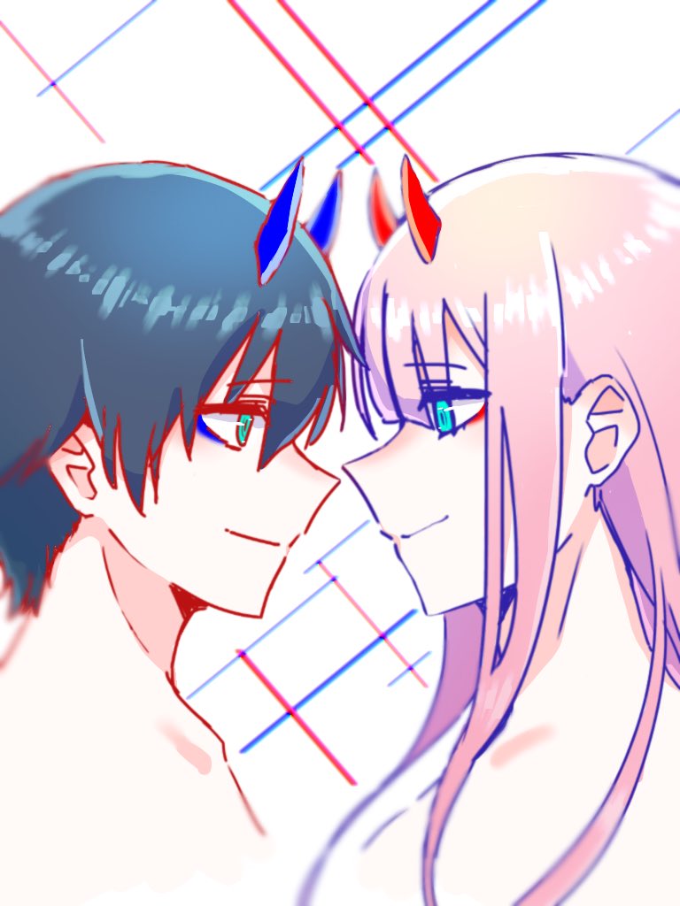 zero two and hiro (darling in the franxx) drawn by ramune_b