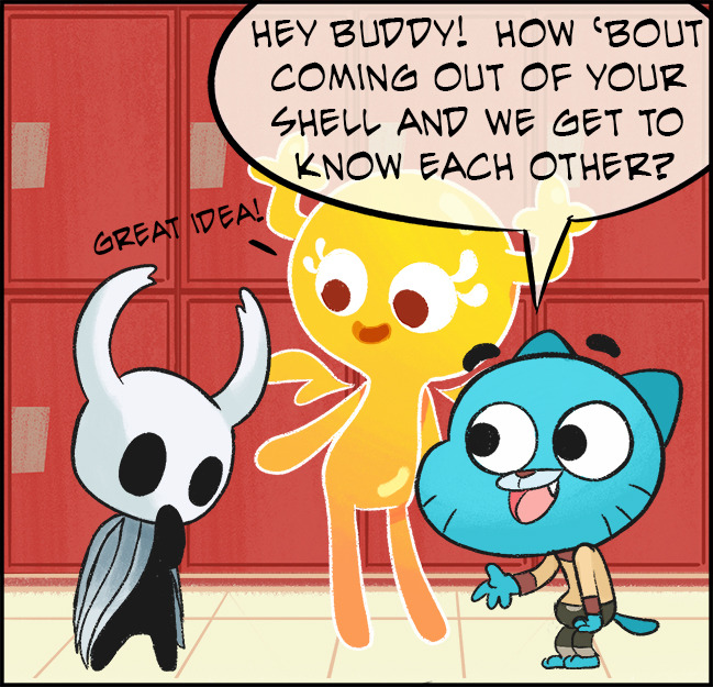 hollow knight, gumball watterson, and penny fitzgerald (hollow knight and 1 more) drawn by gato_del_futuro