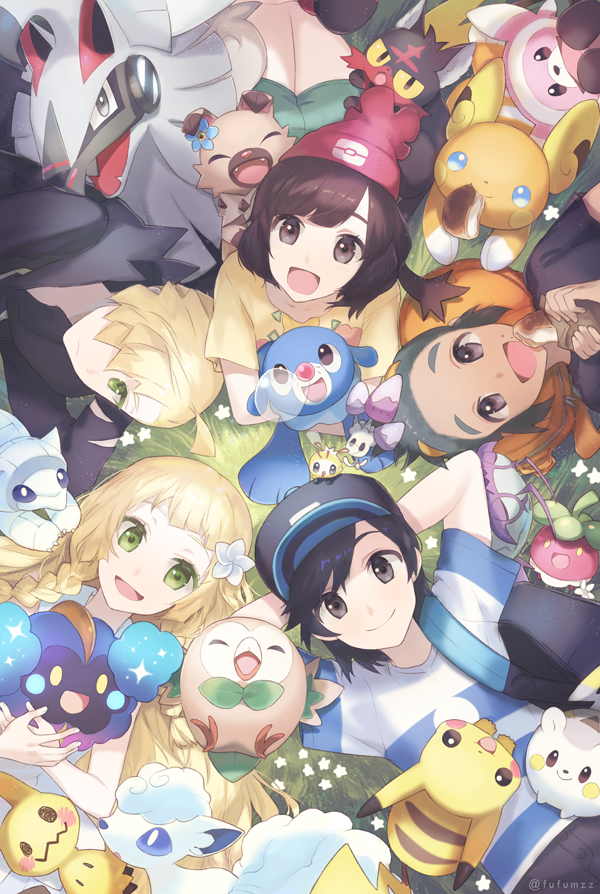 pikachu, lillie, selene, rowlet, mimikyu, and 17 more (pokemon and 1 more) drawn by melso