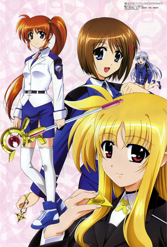 fate testarossa, takamachi nanoha, yagami hayate, raising heart, bardiche, and 2 more (lyrical nanoha and 2 more) drawn by okuda_yasuhiro