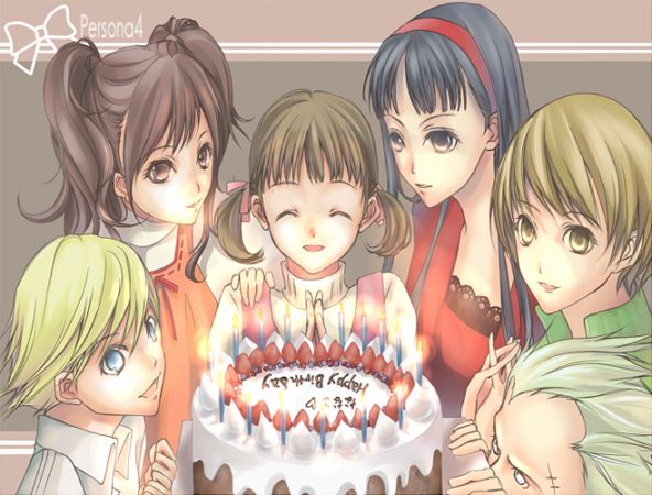 satonaka chie, kujikawa rise, amagi yukiko, tatsumi kanji, kuma, and 1 more (persona and 1 more) drawn by hinagaeru