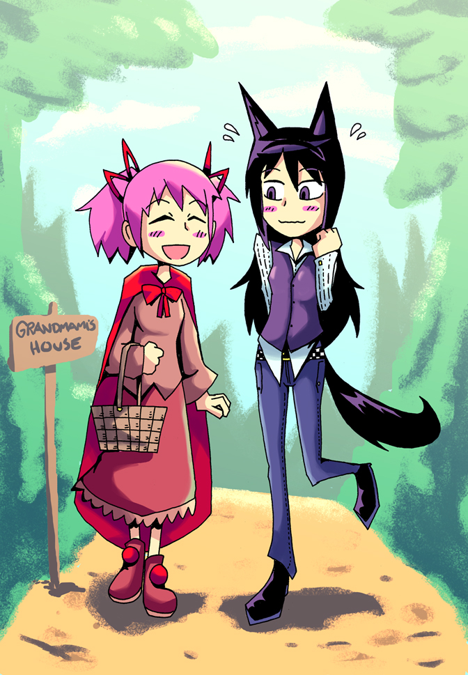 akemi homura, kaname madoka, little red riding hood, and big bad wolf (mahou shoujo madoka magica and 1 more) drawn by setz