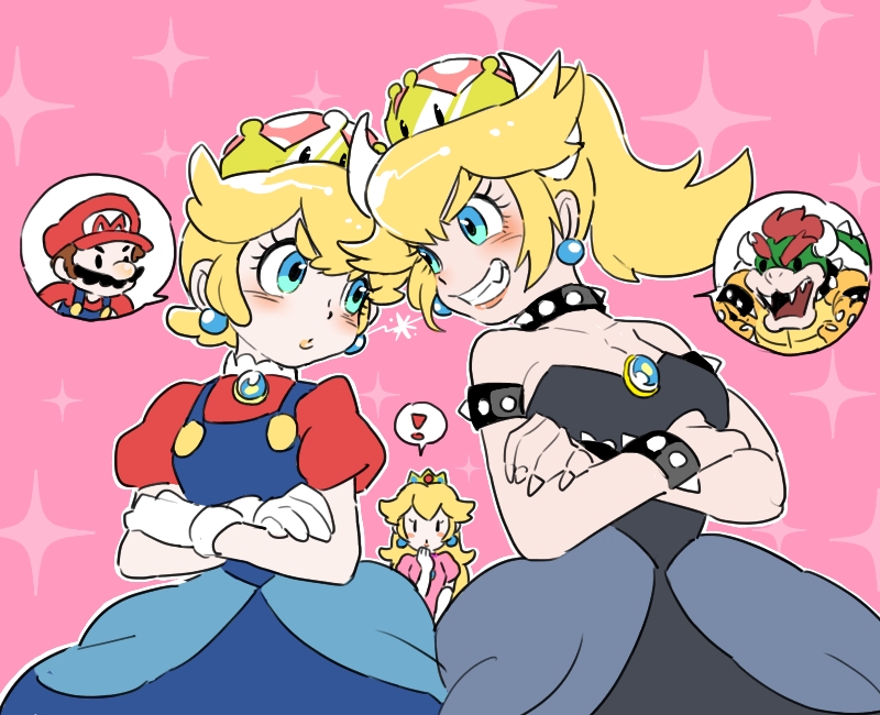 princess peach, mario, bowsette, bowser, and princess mario (mario and 1 more) drawn by ban_(ban62460424)