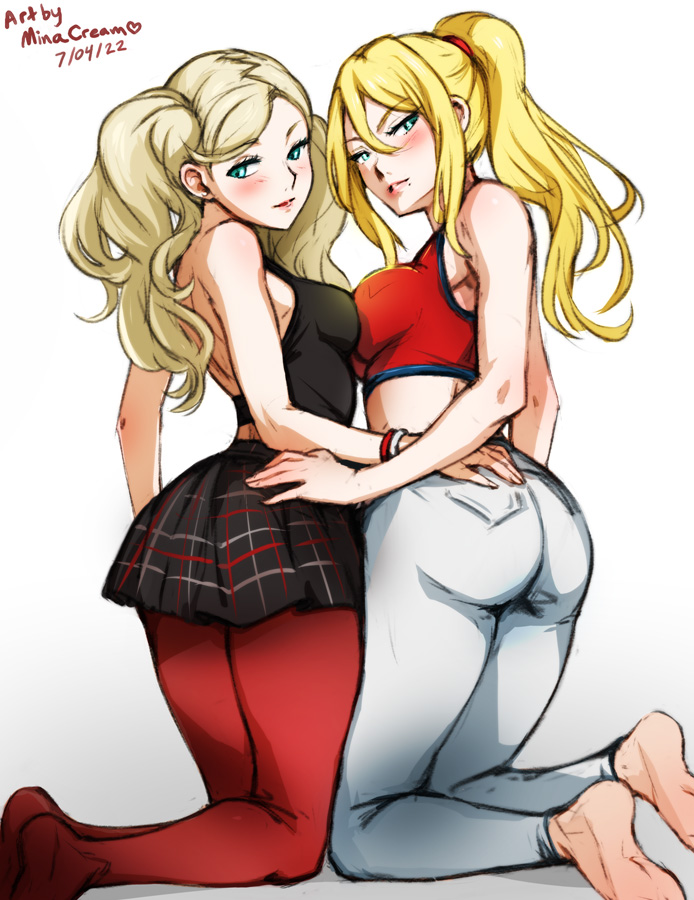 samus aran and takamaki anne (persona and 3 more) drawn by mina_cream