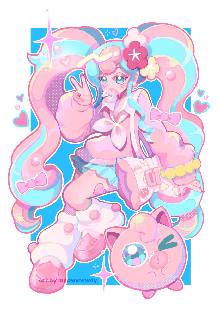 hatsune miku, jigglypuff, and fairy miku (pokemon and 2 more) drawn by meowdy_(meowwwwdy)