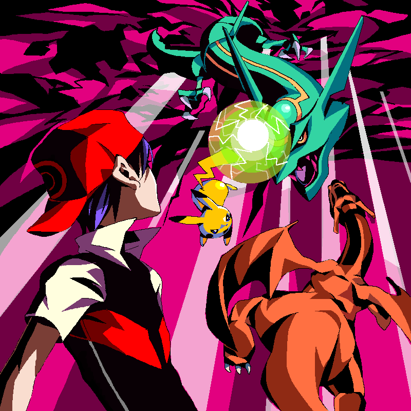 pikachu, red, charizard, and rayquaza (pokemon and 1 more) drawn by kuroameman