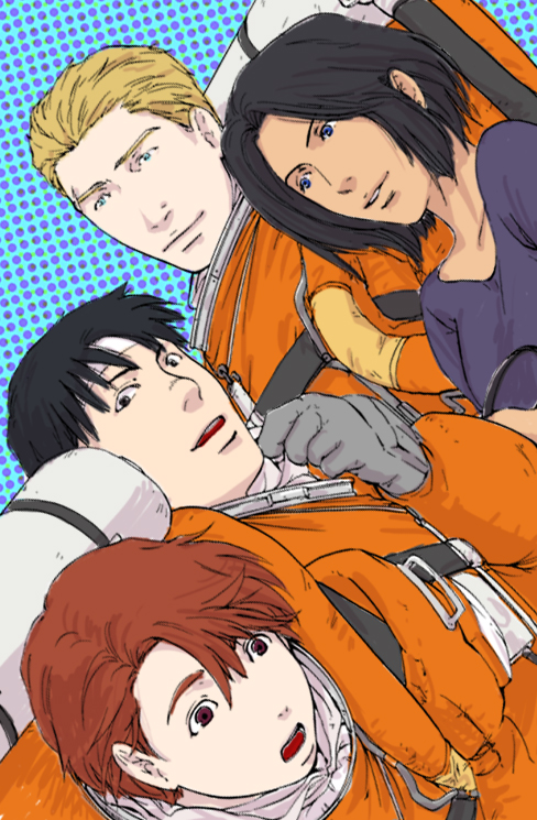 hoshino hachirouta, tanabe ai, yuri mihairokov, and fee carmichael (planetes) drawn by hazumiko