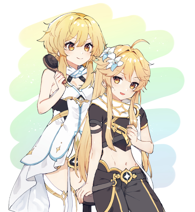 lumine and aether (genshin impact) drawn by imoko_(imo_ss)