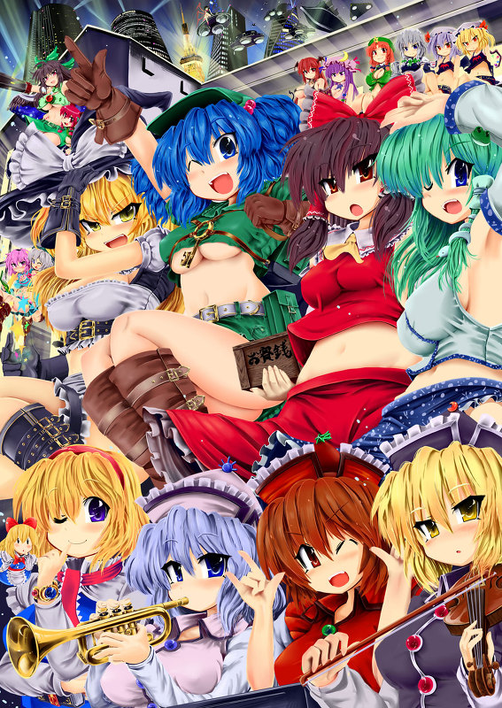 hakurei reimu, kirisame marisa, remilia scarlet, flandre scarlet, izayoi sakuya, and 15 more (touhou) drawn by okiraku_nikku