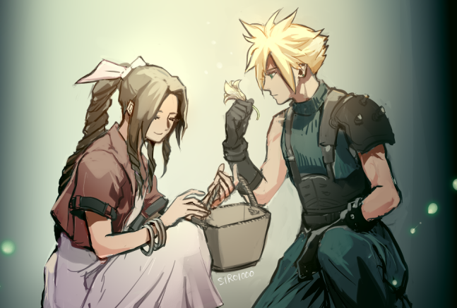 cloud strife and aerith gainsborough (final fantasy and 2 more) drawn by shiroton_(kazamineko)