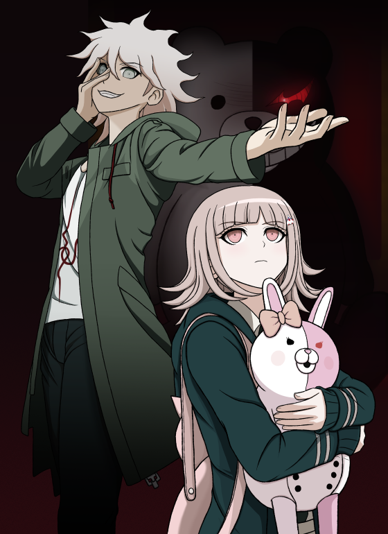 nanami chiaki, komaeda nagito, monokuma, and monomi (danganronpa and 2 more) drawn by kitsuki_rita