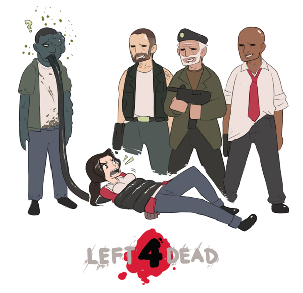 zoey, louis, smoker, bill, and francis (left 4 dead and 1 more) drawn by alpha_gamboa