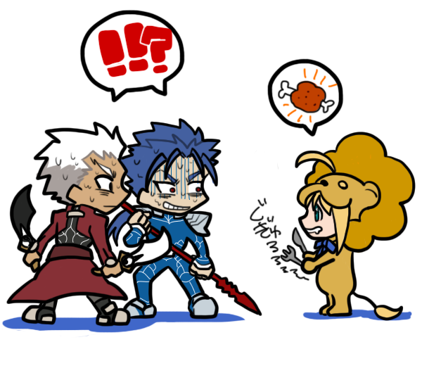 artoria pendragon, cu chulainn, archer, and saber lion (fate and 2 more) drawn by gupaon