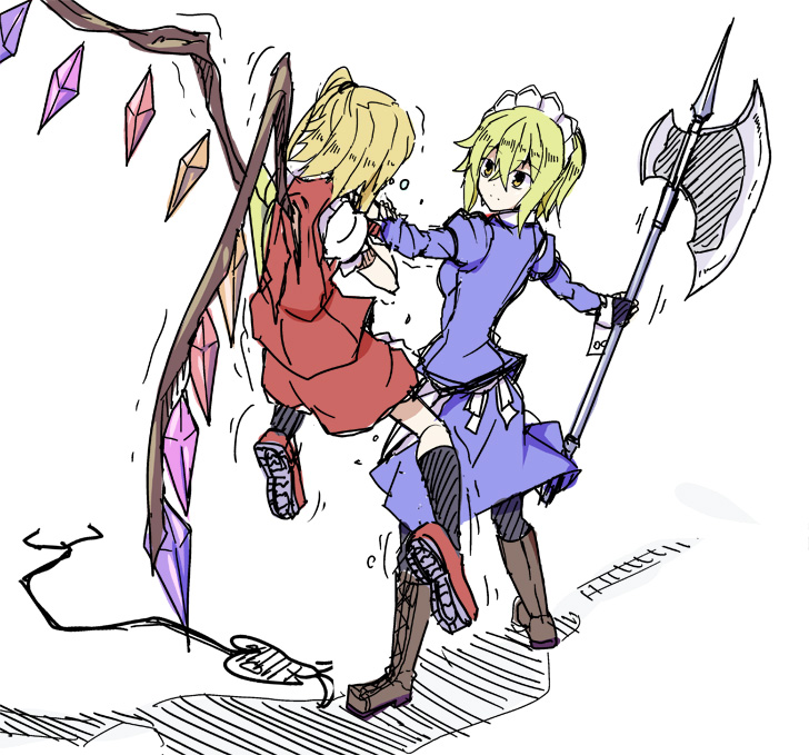flandre scarlet and mugetsu (touhou) drawn by kenuu_(kenny)