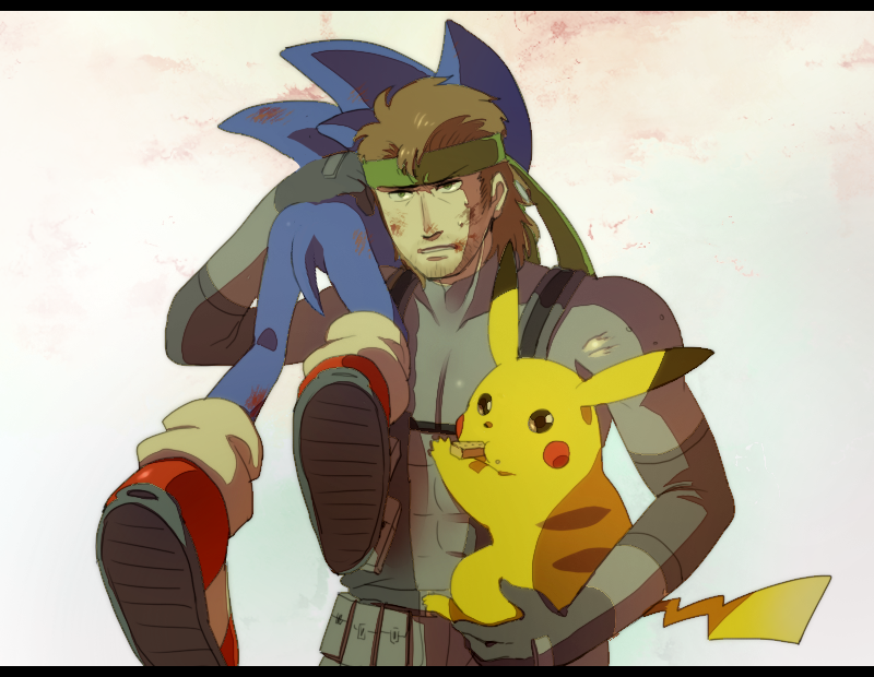 pikachu, sonic the hedgehog, and solid snake (pokemon and 4 more) drawn by bone_(stare)