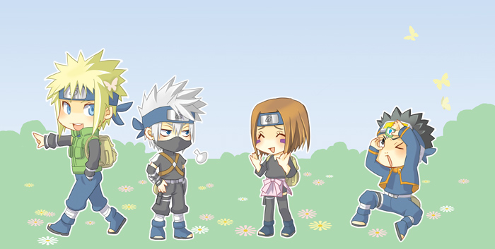 hatake kakashi, uchiha obito, namikaze minato, and nohara rin (naruto) drawn by kuruse_kai