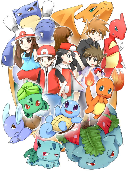 red, blue oak, charizard, bulbasaur, squirtle, and 7 more (pokemon and 1 more)