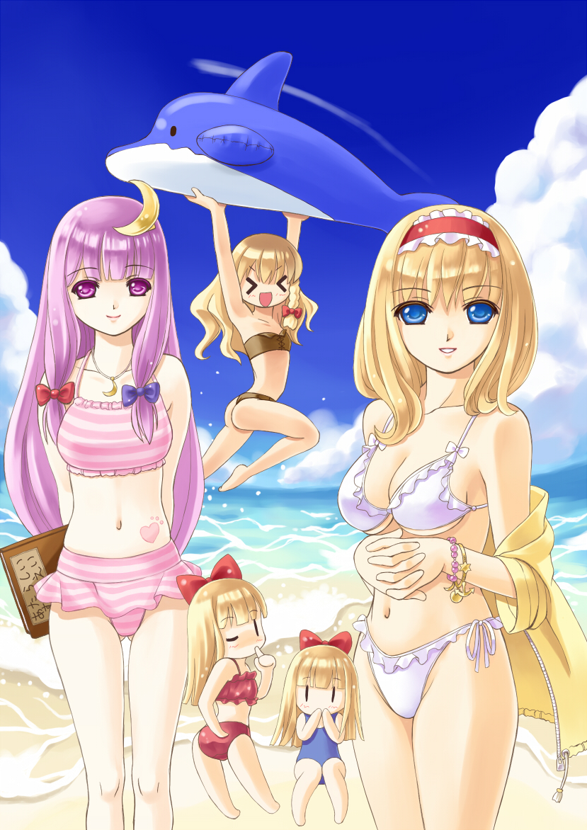 kirisame marisa, alice margatroid, patchouli knowledge, shanghai doll, and hourai doll (touhou) drawn by gorota