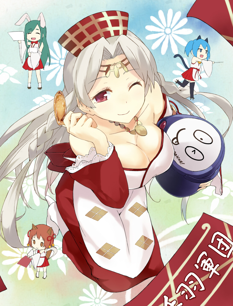takeda shingen, usagi miko, neko miko, kitsune miko, and fasad 29 (sengoku collection) drawn by cccpo