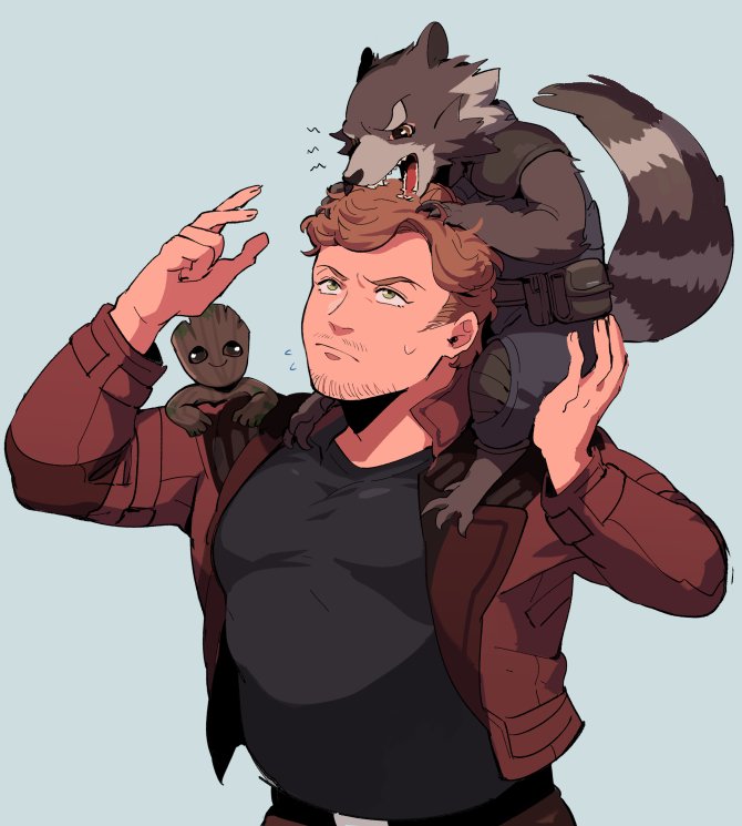 rocket raccoon, peter quill, and groot (marvel and 2 more) drawn by ming_(5unri5e666)