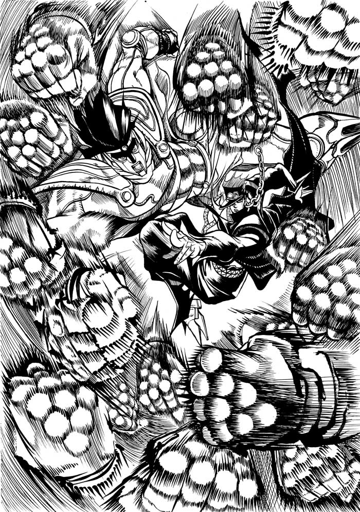 kujo jotaro and star platinum (jojo no kimyou na bouken and 1 more) drawn by makabe